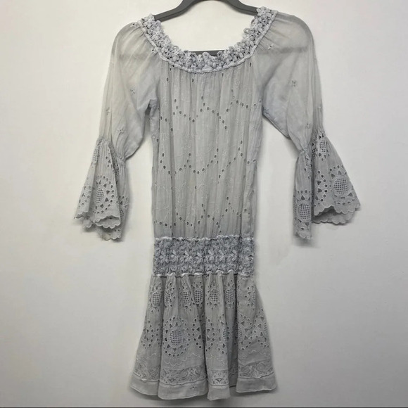 Temptation Positano Zinnia 100% Linen Embroidered Bell Sleeve Mini Dress Cover - Picture 3 of 11